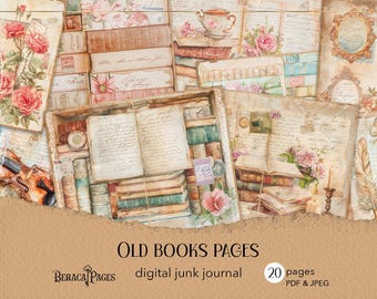Old Books Junk Journal Kit, Vintage Ephemera Library (Digital Download)