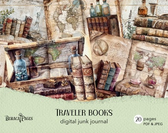 Puede incluir: Un diario digital de chatarra con 20 páginas de imágenes de estilo vintage que presentan libros antiguos, mapas y botellas. El título "Traveler Books" está escrito en una fuente decorativa.
