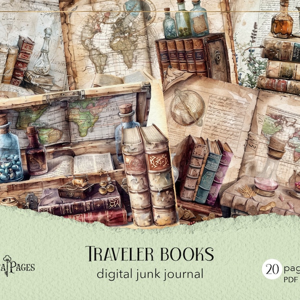 Printable travel junk journal, vintage adventure diary, magic potions digital journal, vintage maps scrapbook, traveler books paper