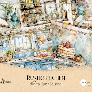 Diário de lixo de cozinha rústica, páginas de livros de receitas para impressão, diário digital de cozinha vitoriana, álbum de recortes de receitas de panificação, colagem de comida vintage
