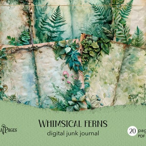 Grillige varens junk journal, afdrukbare bos efemere verschijnselen, varen digitaal dagboek, botanisch plakboekpapier, vintage groen lege pagina