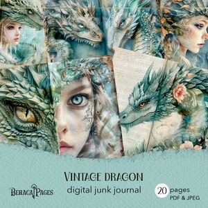 Diario vintage con forma de dragón, kit de diario de la reina dragón, fondo de escamas de dragón, papel para álbum de recortes con forma de huevo de dragón, papel para manualidades con fantasía floral