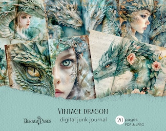 Vintage Dragon Junk Journal Pages, Floral Fantasy Paper (Digital Download)