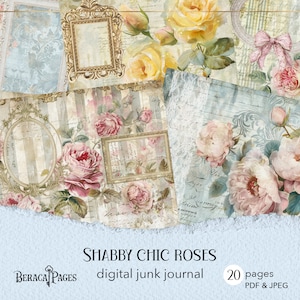 Shabby chic rozen junkjournaal, afdrukbare Victoriaanse pagina's, pastelroze digitaal dagboek, vintage roos, efemere roos, plakboek pastelroze strepen