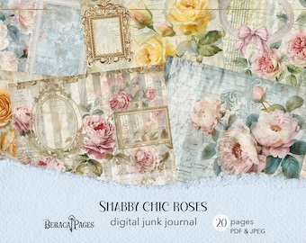 Diario basura de rosas shabby chic, páginas victorianas imprimibles, diario digital rosa pastel, efímera rosa vintage, álbum de recortes de rayas rosa pastel