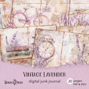 Vintage Lavendel Junk Journal, bedruckbares Lavendel Journal, Lavendel Scrapbook Papier, lila Lavendel Hintergrund, Lavendel Ephemera Collage