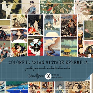 Bunte asiatische Vintage Ephemera, Geisha Junk Journal Add-On, druckbare japanische Tags, asiatische Postkarte, orientalische Ephemera Collage