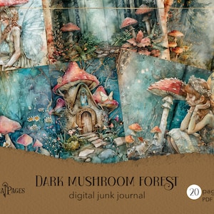 Dunkler Pilz Wald Junk Journal, vintage druckbare Seiten, Pilz Haus digitales Journal, Feen Scrapbook, botanisches vintage Papier