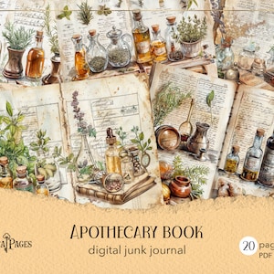 Apotheekboek junkdagboek, afdrukbaar apothekersdagboek, botanisch plakboekkit, vintage kruidenboek, medicijndagboek, oude apotheek