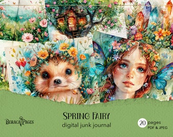 May include: A digital junk journal with 20 pages of spring-themed illustrations. The cover features a collage of images including a fairy with butterfly wings, a hedgehog wearing a flower crown, and a small cottage in a tree. The text "SPRING FAIRY digital junk journal" is displayed on the cover.