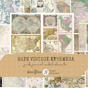Cartes éphémères vintage, ajout de carnet de voyage, étiquettes imprimables, embellissements de cartes, feuille de collage atlas, cartographie ancienne