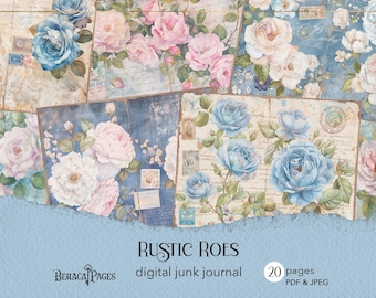 Rustic Roses Junk Journal Pages, Vintage Floral Scrapbook paper (Digital Download)