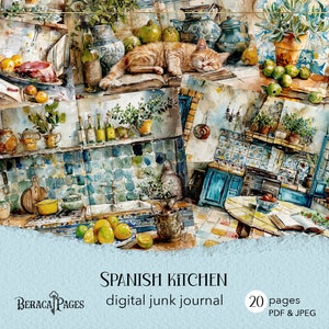 Spanish kitchen junk journal, printable Victorian kitchen journal, kitchen tile paper, recipe cookbook, lemon craft paper, baking ephemera