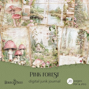 Journal de la forêt rose champignon, pages bois imprimables, journal numérique champignon, album de forêt, fond de maison de hobbit