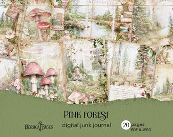 Pink Forest Mushroom Junk Journal, Printable Woodland Scrapbook Pages (Digital Download)