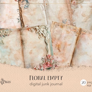 Bloemen leeg junkjournaal, vintage afdrukbare opvulpagina's, pastel digitaal dagboek, scrapbookingpapier, vintage kanten pagina's, neutraal dagboek
