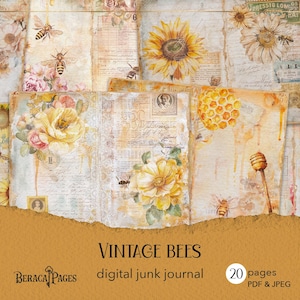 Vintage bees junk journal, printable bee journal, digital honey journal, bee scrapbook paper, honeycomb background, sunflower ephemera paper
