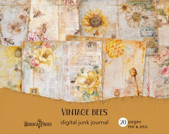 Vintage Bee Junk Journal, Sunflower Ephemera Paper (Digital Download)