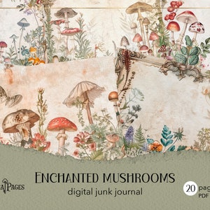 Junkdagboek betoverde paddenstoelen, afdrukbare botanische pagina's, digitaal bosdagboek, vintage bosplakboek, natuurcollage ambachtelijk papier