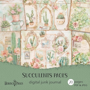 Diario de suculentas, diario de cactus pastel, regalo para amantes de las plantas, papel para álbum de recortes de plantas, fondo de cactus, diario botánico, diario de plantas