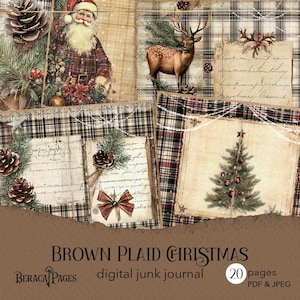 Journal de Noël à carreaux marron, journal imprimable de Noël vichy, journal de Noël tartan, album d'hiver rustique, articles éphémères de vacances