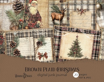 Brown Plaid Christmas Junk Journal, Rustic Winter Scrapbook (Digital Download)