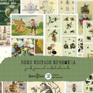 Vintage efemere bijen, bijenjunkdagboek add-on, afdrukbare tags, digitale honingbijsscrapbooking, kaartversieringen, vintage bijenkaart