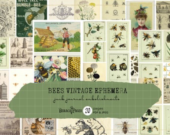 Bees Vintage Ephemera, Junk Journal Embellishments (Digital Download)