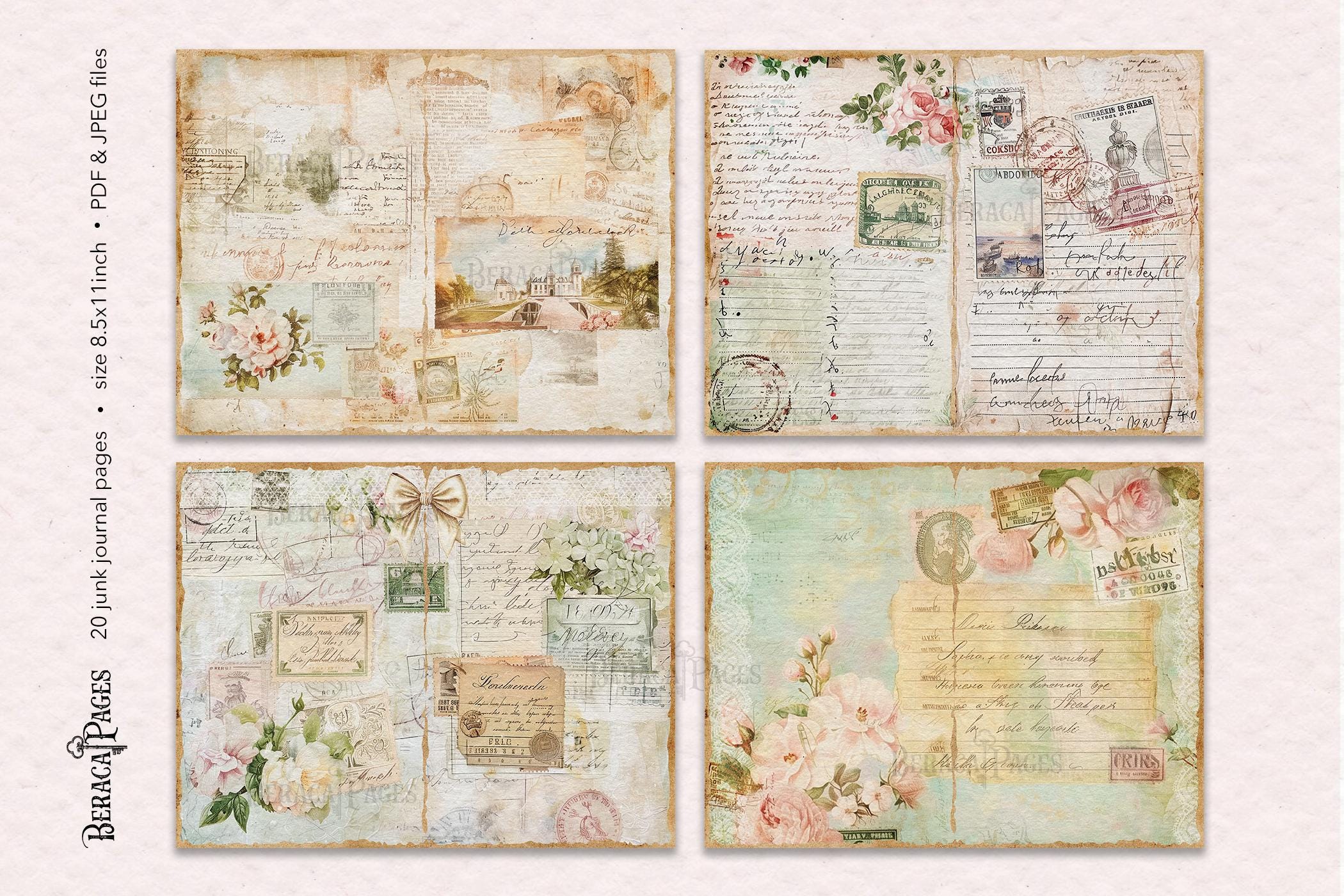 Soft Floral Junk Journal, Printable Shabby Chic Rose Pages (digital ...
