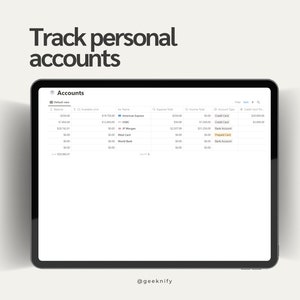 May include: Screenshot of a computer screen showing a table with a list of accounts. The table has columns for balance, available credit, account name, expense total, income total, account type, and credit card limit. The account names include American Express, HSBC, JP Morgan, Meal Card, World Bank, and Bank Account. The account types include Credit Card, Prepaid Card, and Bank Account.
