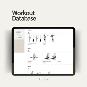 Puede incluir: Una captura de pantalla de un sitio web que muestra una base de datos de entrenamiento con diferentes categor&iacute;as de ejercicios, que incluyen push, pull y piernas. Cada categor&iacute;a tiene una lista de ejercicios con ilustraciones de personas que los realizan.
