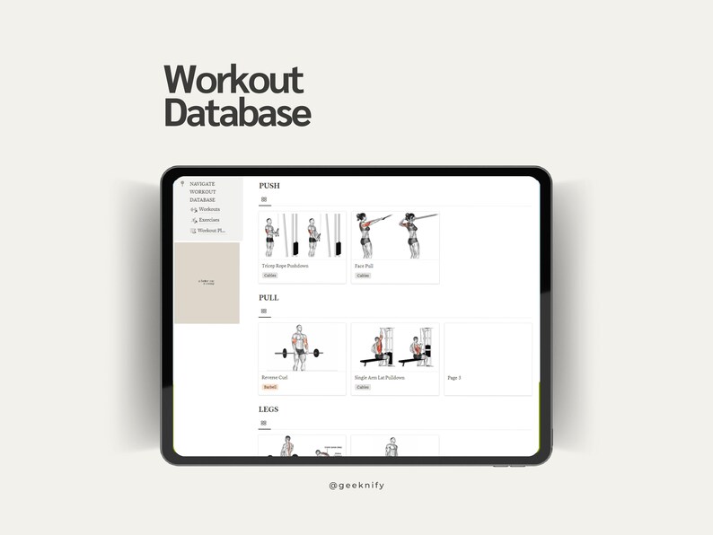 Puede incluir: Una captura de pantalla de un sitio web que muestra una base de datos de entrenamiento con diferentes categor&iacute;as de ejercicios, que incluyen push, pull y piernas. Cada categor&iacute;a tiene una lista de ejercicios con ilustraciones de personas que los realizan.