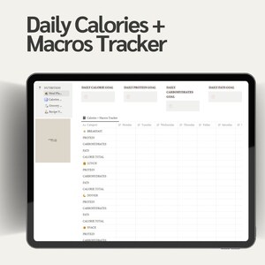 Puede incluir: Una pantalla de tableta digital que muestra un rastreador diario de calor&iacute;as y macros. El rastreador incluye secciones para objetivos diarios de calor&iacute;as, prote&iacute;nas, carbohidratos y grasas. El rastreador tambi&eacute;n incluye una tabla para registrar la ingesta diaria de alimentos por categor&iacute;a, incluidos el desayuno, el almuerzo, la cena y los refrigerios. La tabla incluye columnas para prote&iacute;nas, carbohidratos, grasas y totales de calor&iacute;as.