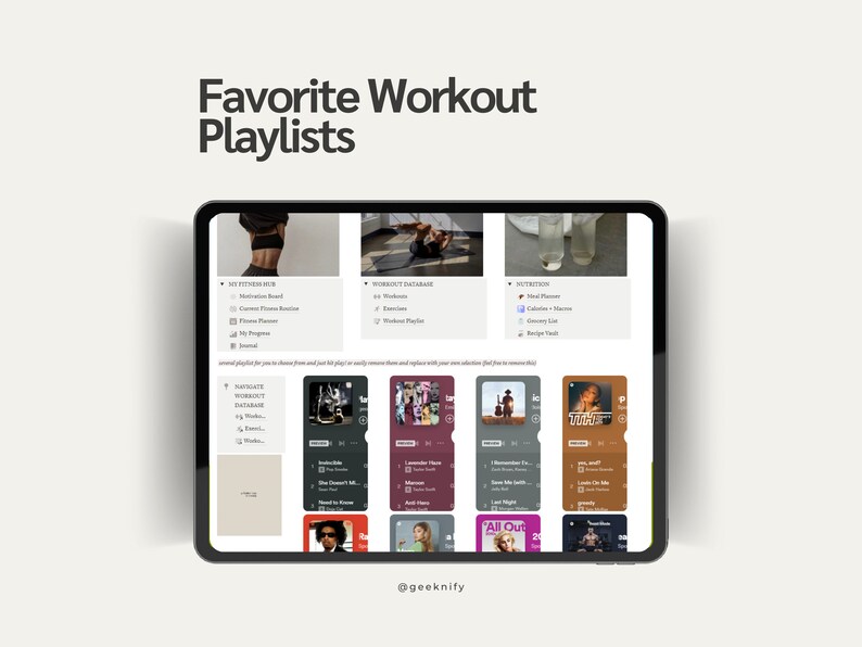 Puede incluir: Captura de pantalla de una tableta que muestra una aplicaci&oacute;n de fitness con listas de reproducci&oacute;n de entrenamiento. La aplicaci&oacute;n tiene un fondo gris claro con una barra de navegaci&oacute;n gris oscuro en la parte superior. La pantalla muestra una lista de listas de reproducci&oacute;n con t&iacute;tulos como "Navegar por la base de datos de entrenamiento", "She Doesn't Mind", "Lemonade", "I Remember You", "Love Me Like You Do", "Look What You Made Me Do", "All Out" y "Motivation". La aplicaci&oacute;n tambi&eacute;n incluye una secci&oacute;n para la planificaci&oacute;n nutricional.