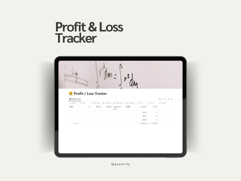 May include: A screenshot of a tablet displaying a profit and loss tracker app. The app has a white background with black text and a yellow icon. The app shows a table with columns for stock name, quantity, buy price, sell price, trade date, currency, profit/loss, and total profit/loss. The app also shows a total profit/loss for all trades.