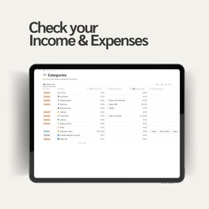 May include: Screenshot of a tablet screen showing a budgeting app with the text "Check your Income & Expenses" at the top. The app lists categories for income and expenses, including "Car Tax", "Cell Phone", "Eating Out", "Electricity", "Entertainment", "Housing", "Internet", "House Rent", "Market", "Other", "Paycheck", "Savings Accounts", and "Utilities Bills".