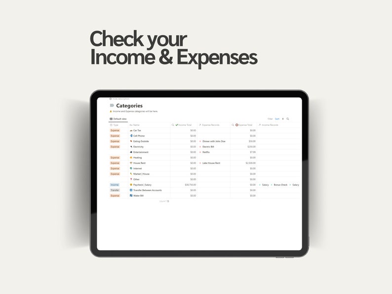 May include: Screenshot of a tablet screen showing a budgeting app with the text "Check your Income & Expenses" at the top. The app lists categories for income and expenses, including "Car Tax", "Cell Phone", "Eating Out", "Electricity", "Entertainment", "Housing", "Internet", "House Rent", "Market", "Other", "Paycheck", "Savings Accounts", and "Utilities Bills".
