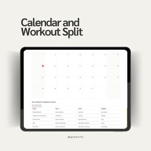 Puede incluir: Un calendario digital y una divisi&oacute;n de entrenamiento en la pantalla de una tableta. El calendario tiene un punto rojo en el 10. La divisi&oacute;n de entrenamiento enumera los ejercicios para el pecho, el tir&oacute;n, las piernas y el cardio.