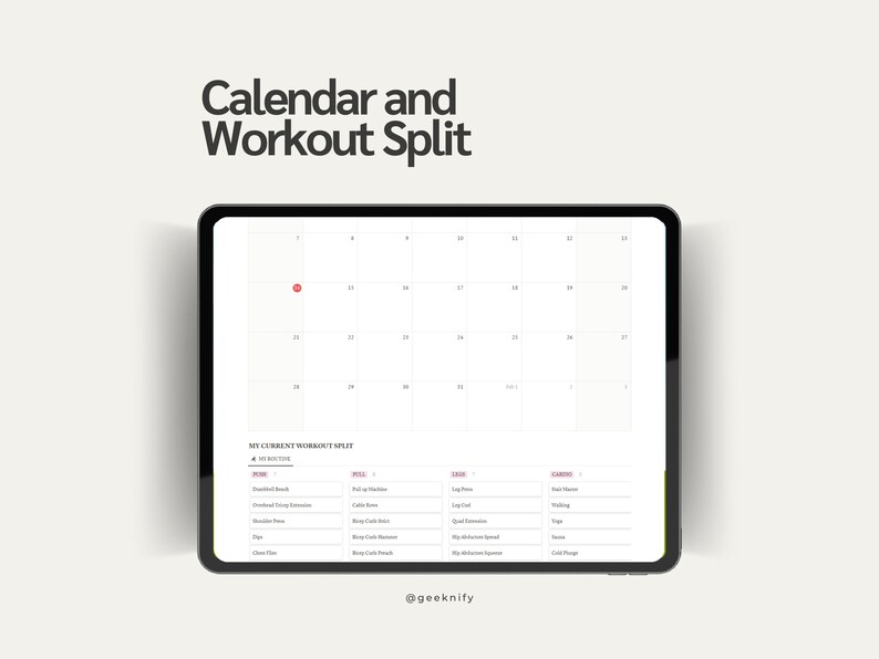 Puede incluir: Un calendario digital y una divisi&oacute;n de entrenamiento en la pantalla de una tableta. El calendario tiene un punto rojo en el 10. La divisi&oacute;n de entrenamiento enumera los ejercicios para el pecho, el tir&oacute;n, las piernas y el cardio.