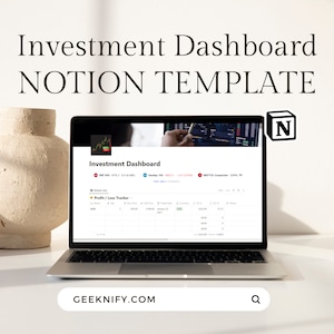 May include: A laptop computer displaying a Notion template for an investment dashboard. The screen shows a chart and a table labeled "Profit/Loss Tracker". The website "GEEKNIFY.COM" is displayed in the search bar at the bottom of the screen.
