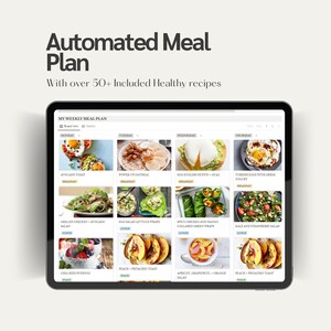 Puede incluir: Una captura de pantalla de un sitio web que muestra un plan de comidas semanal con una variedad de recetas saludables. El sitio web se llama "My Weekly Meal Plan" e incluye una cuadr&iacute;cula de im&aacute;genes de diferentes comidas, como tostadas de aguacate, avena y ensaladas.