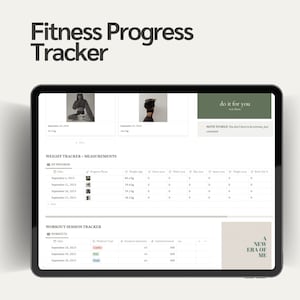 Puede incluir: Una captura de pantalla de una aplicaci&oacute;n de seguimiento del progreso de fitness en una tableta. La aplicaci&oacute;n tiene secciones para el seguimiento del peso, las medidas y el seguimiento de las sesiones de entrenamiento. La aplicaci&oacute;n tambi&eacute;n incluye una nota para "hazlo por ti".