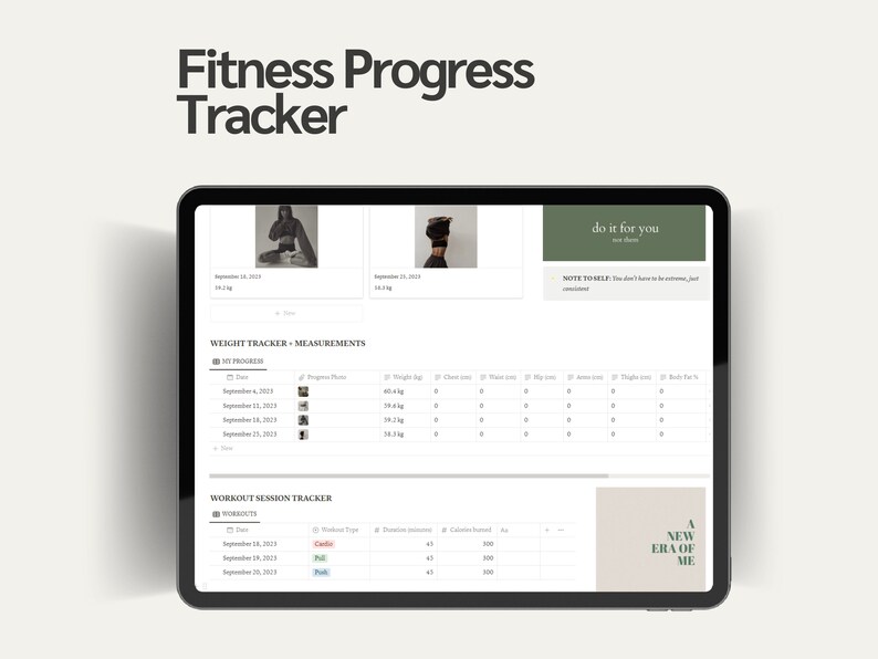 Puede incluir: Una captura de pantalla de una aplicaci&oacute;n de seguimiento del progreso de fitness en una tableta. La aplicaci&oacute;n tiene secciones para el seguimiento del peso, las medidas y el seguimiento de las sesiones de entrenamiento. La aplicaci&oacute;n tambi&eacute;n incluye una nota para "hazlo por ti".