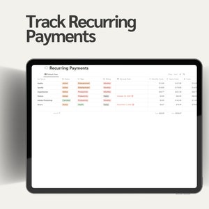 May include: A screenshot of a tablet displaying a list of recurring payments. The list includes the name of the payment, the status, the tag, the billing frequency, the removal date, the monthly cost, and the yearly cost. The list is titled "Recurring Payments".