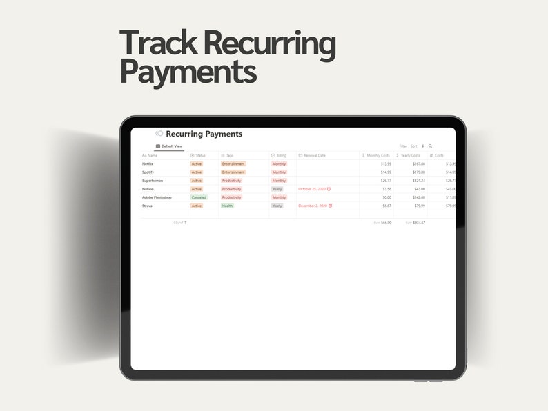 May include: A screenshot of a tablet displaying a list of recurring payments. The list includes the name of the payment, the status, the tag, the billing frequency, the removal date, the monthly cost, and the yearly cost. The list is titled "Recurring Payments".