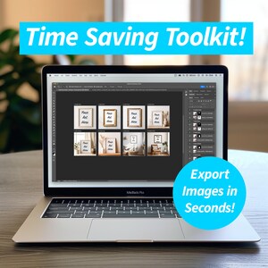 Puede incluir: Un ordenador portátil que muestra una maqueta de un producto digital con el texto "Time Saving Toolkit!" y "Export Images in Seconds!" en la pantalla. La maqueta muestra una cuadrícula de imágenes con el texto "Your Art Here" en cada cuadro.