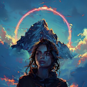 Puede incluir: Ilustración digital de una mujer de cabello oscuro mirando hacia arriba, con una montaña y un halo rojo de fondo. El cielo está lleno de nubes azules y naranjas, creando una escena dramática y etérea.
