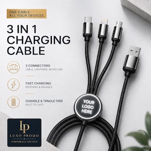 May include: A black 3-in-1 charging cable with a central circular hub featuring a glowing 'YOUR LOGO HERE' display. The cable includes USB-C, Lightning, and Micro-USB connectors, plus a standard USB-A plug. Text reads: 'ONE CABLE. ALL YOUR DEVICES.'