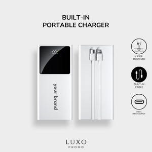 Custom Portable Charger – 10,000mAh Portable Charger with Built-In Charging Cables, 22.5W Fast Charge, LED Display, Laser-Engraved Logo