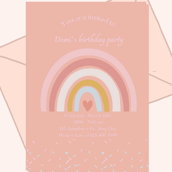 Party invitation kids rainbow invitation party sparkles kleuren roze pastel feestje uitnodiging kinderfeestje kinderparty